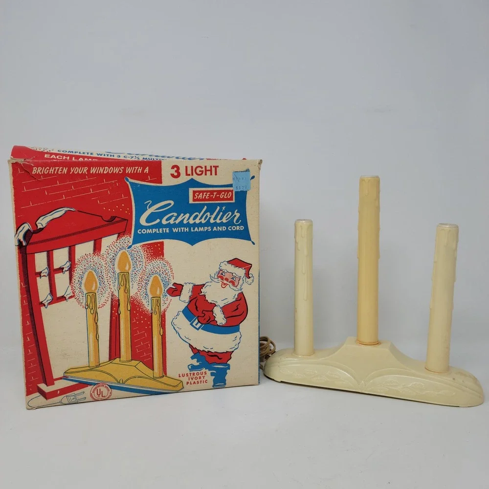 Vintage Safe T‎ Glo 3 Light Candolier Ivory Plastic Christmas Window Decor